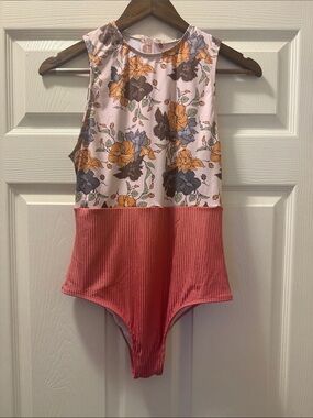 June Swimwear Floral High-Neck One-Piece Swimsuit in Pink and Coral EUC